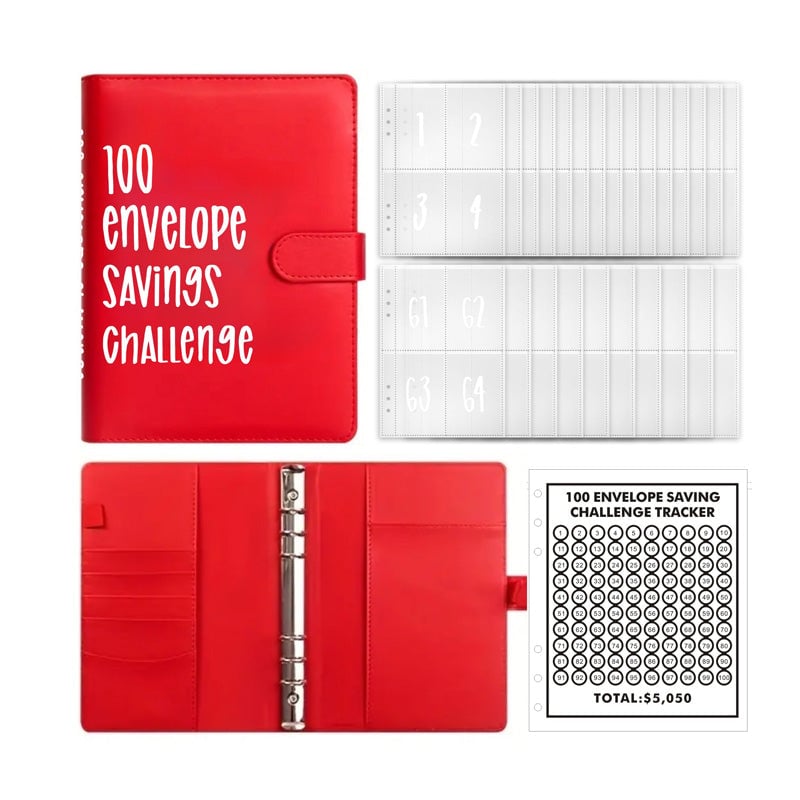 Savings Challenge Binder PU Leather Cover | 100 Labelled Envelope Slots & Tracker Pages | Save Over $5,050 in 100 Days