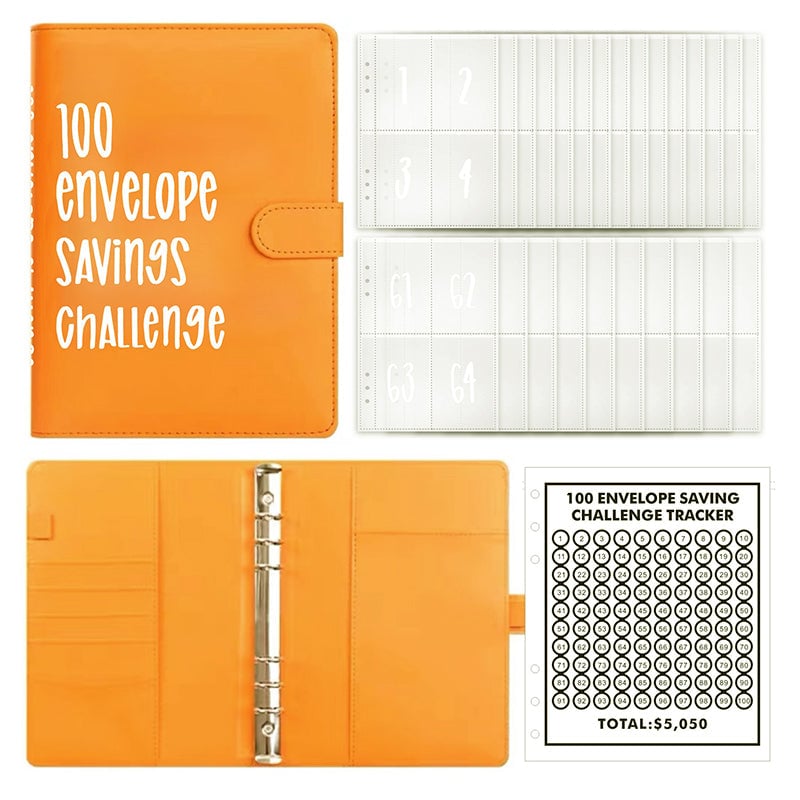 Savings Challenge Binder PU Leather Cover | 100 Labelled Envelope Slots & Tracker Pages | Save Over $5,050 in 100 Days