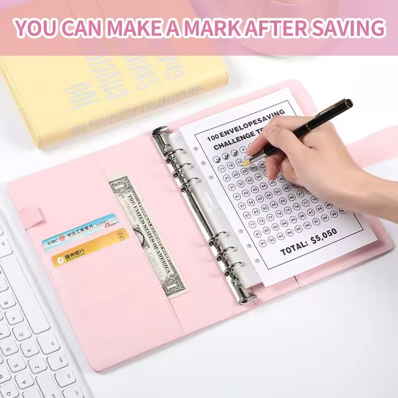 Savings Challenge Binder PU Leather Cover | 100 Labelled Envelope Slots & Tracker Pages | Save Over $5,050 in 100 Days