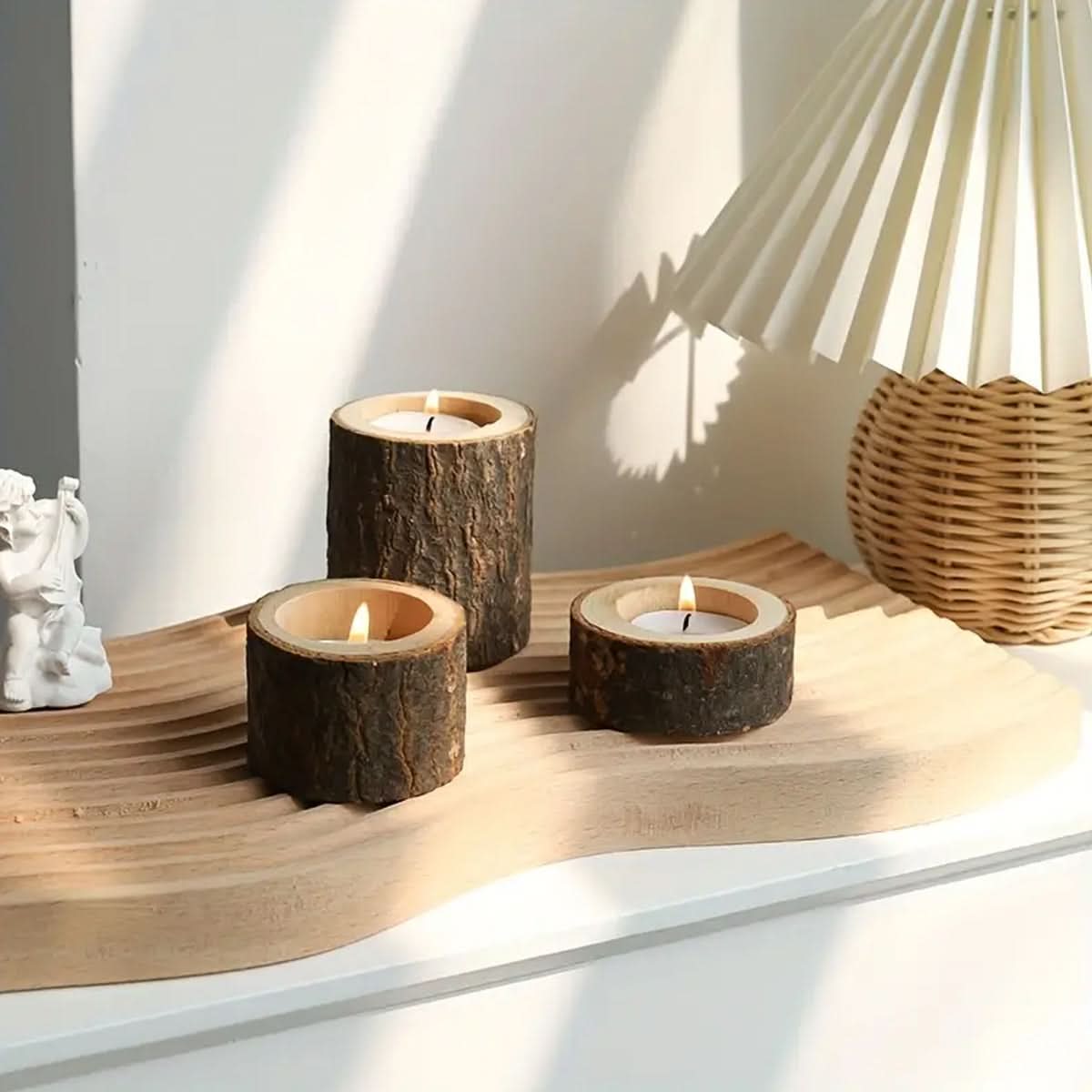 Wooden Tea Light Holder Set | Three-Piece Rustic Wood & Glass Design | Cosy Ambient Lighting for Living Room and Bedroom Decor 1
