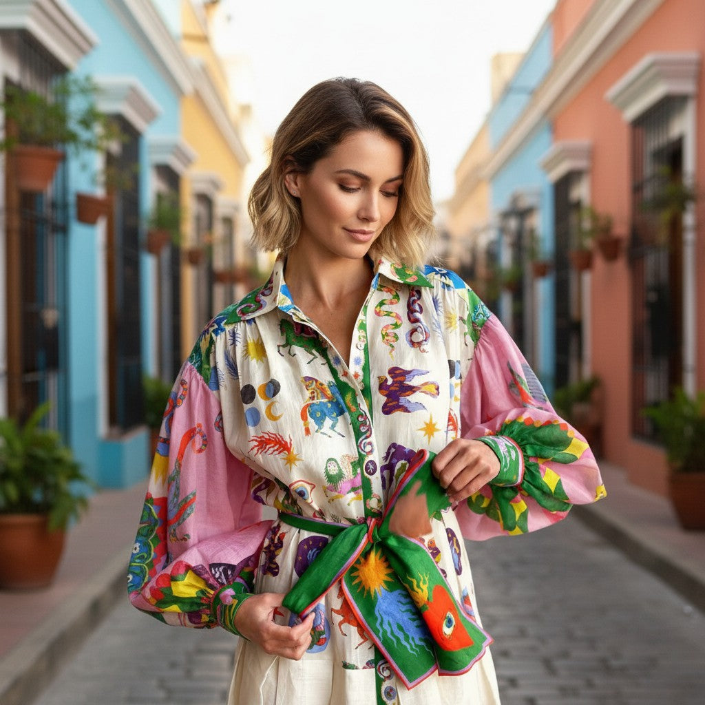 Woman wearing a colorful patterned coat in a colorful street setting