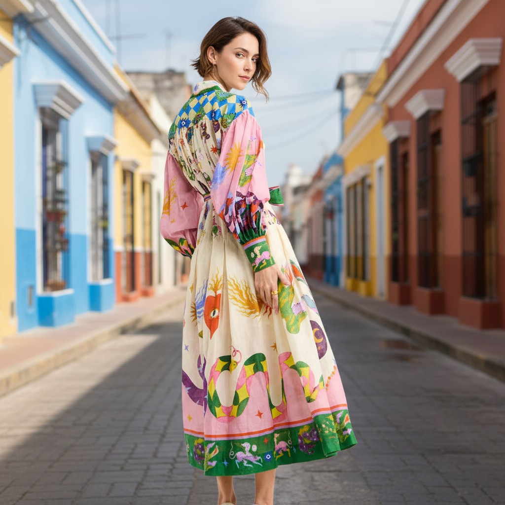 Woman in a colorful dress standing on a street with colorful buildings.