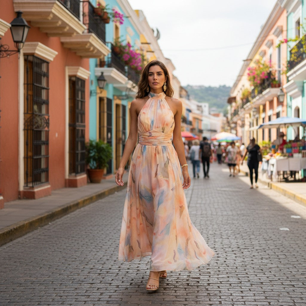 ElegantWear | Women's Dress - Halter Neck A-Line Midi Dress for Summer