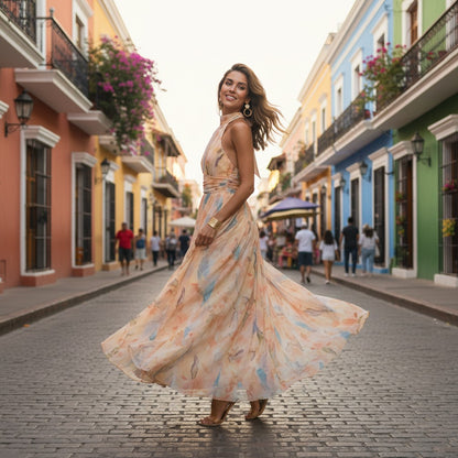 ElegantWear | Women's Dress - Halter Neck A-Line Midi Dress for Summer