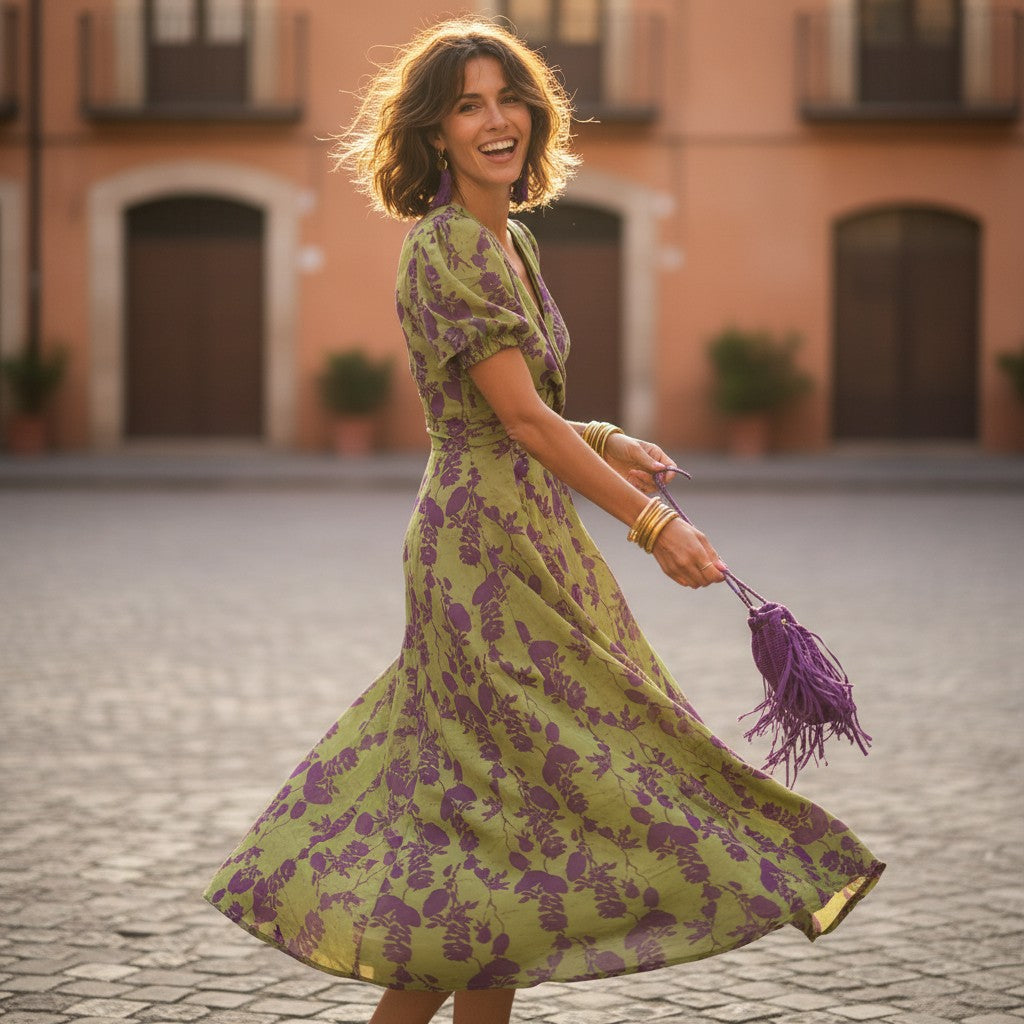 FloralWrap | Women's Dress - Floral Midi Design with Puff Sleeves