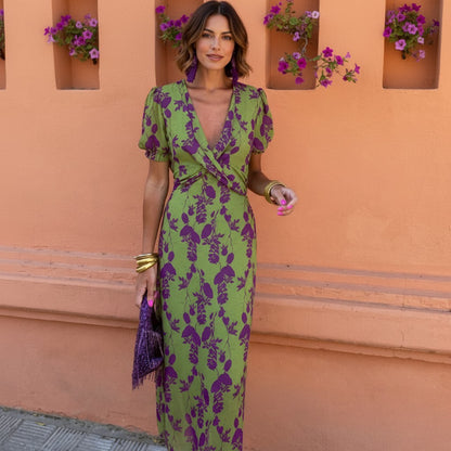FloralWrap | Women's Dress - Floral Midi Design with Puff Sleeves