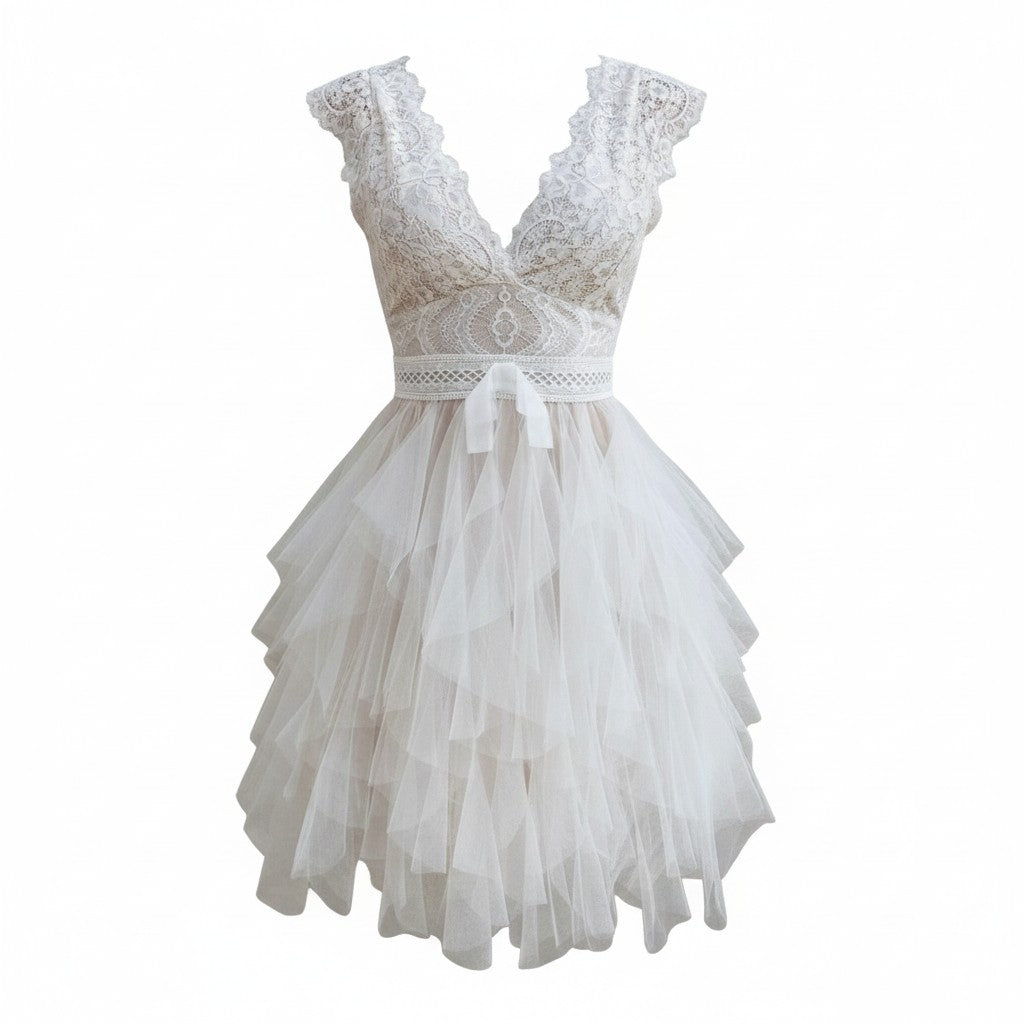 Elegant Lace | Women's Dress - Sleeveless Layered Skirt with V-Neck Design