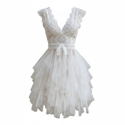 Elegant Lace | Women's Dress - Sleeveless Layered Skirt with V-Neck Design