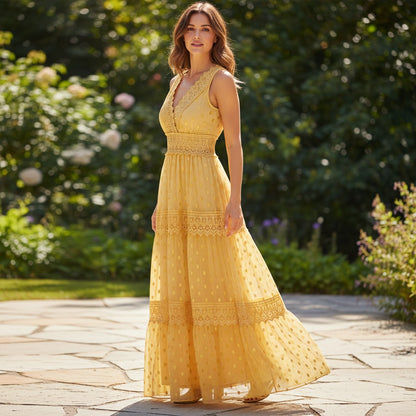 BohoChic | Women's Lace Tiered Maxi Dress - Ankle-Length Sleeveless Style