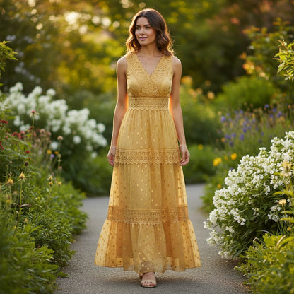 BohoChic | Women's Lace Tiered Maxi Dress - Ankle-Length Sleeveless Style