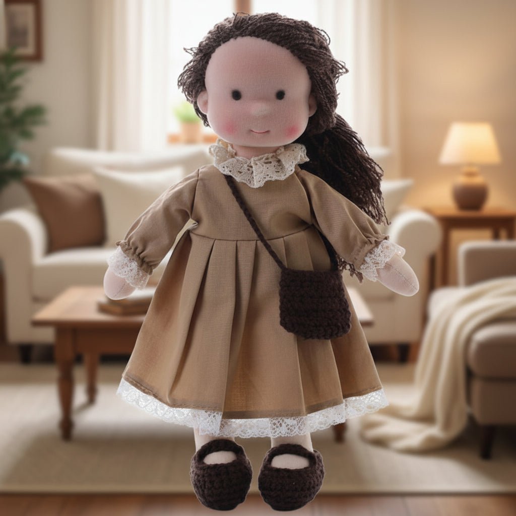 Handmade Waldorf Doll, Cotton & Plush, 28 cm | Minimalist Face for Imaginative Play | Sturdy Plastic Head, Cuddly Body 40