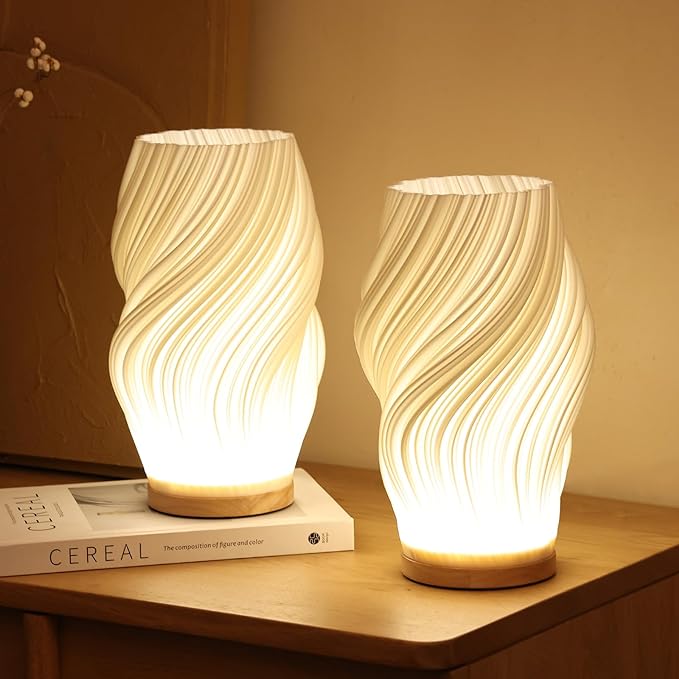 Sculpted Shade Table Lamp Wood Base | Wave, Swirl or Cloud Style, Medium or Large | Dimmable Warm & Natural White, USB Powered 2
