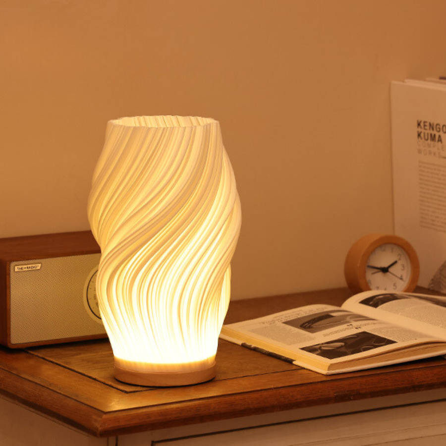 Sculpted Shade Table Lamp Wood Base | Wave, Swirl or Cloud Style, Medium or Large | Dimmable Warm & Natural White, USB Powered 13