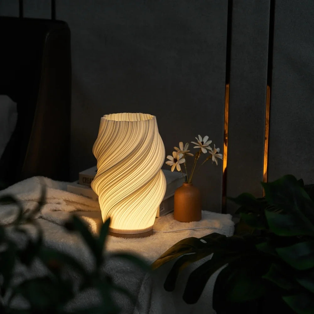 Sculpted Shade Table Lamp Wood Base | Wave, Swirl or Cloud Style, Medium or Large | Dimmable Warm & Natural White, USB Powered 4
