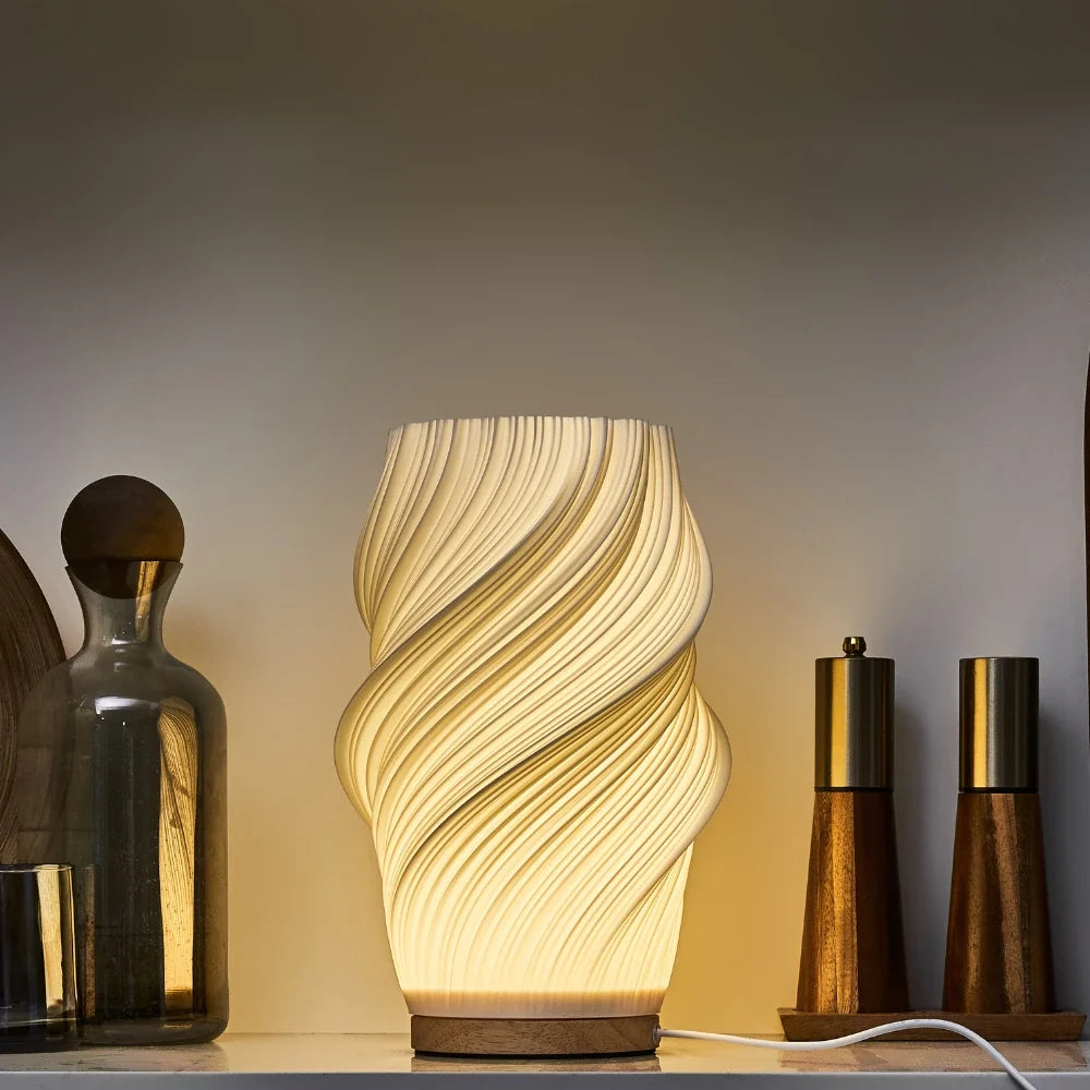 Sculpted Shade Table Lamp Wood Base | Wave, Swirl or Cloud Style, Medium or Large | Dimmable Warm & Natural White, USB Powered 9