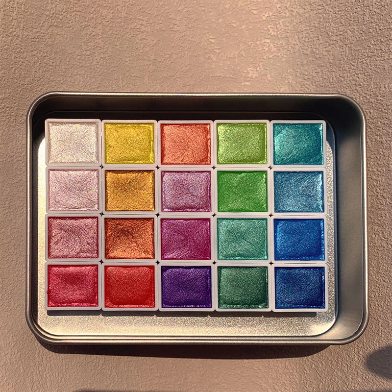 Shimmer Watercolour Paint Set 20 Colours | Mica Pigment Metallic Shine | Blends Easily, Lightfast Mineral Pigments
