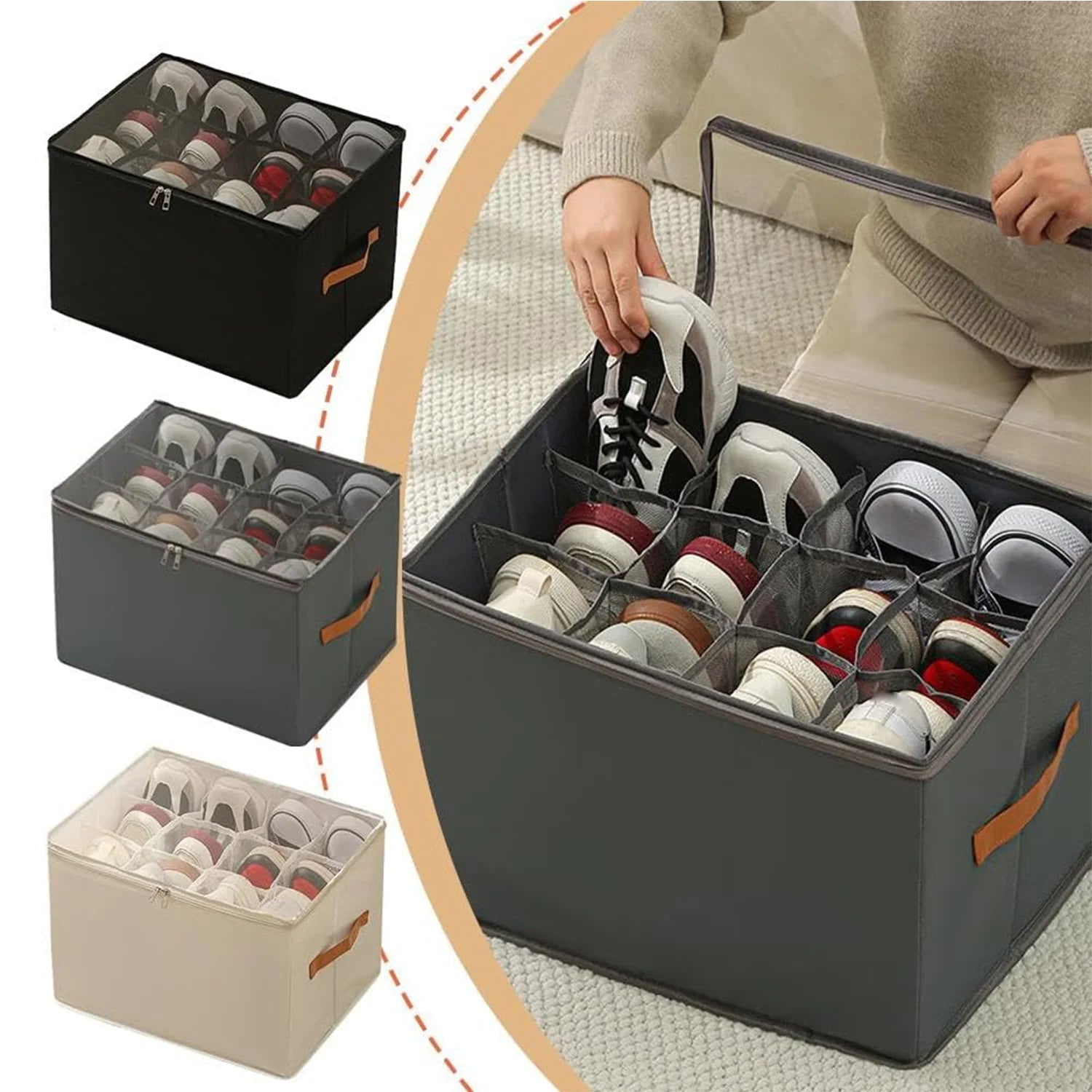 Shoe Organizer | Fabric Clear Window & Leather Handle Design