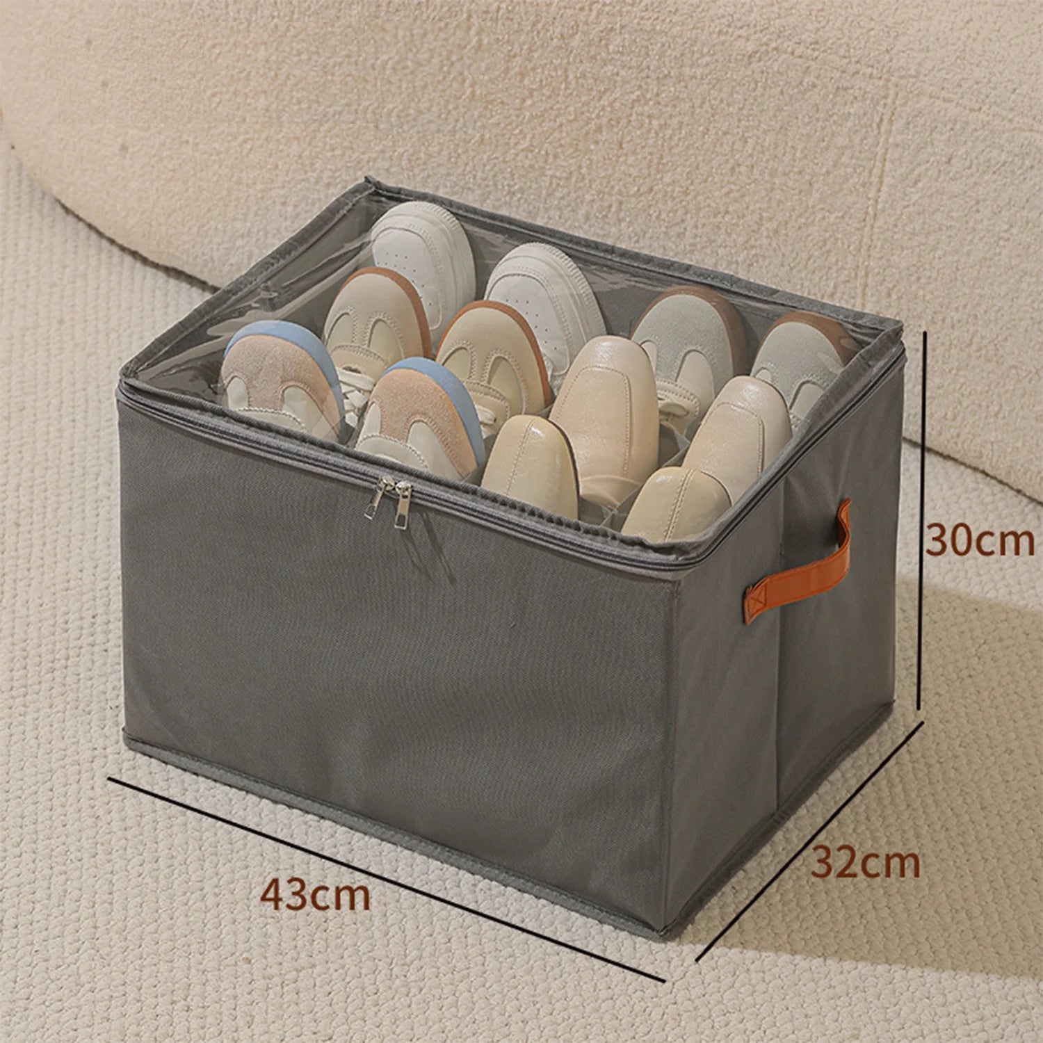 Shoe Organizer | Fabric Clear Window & Leather Handle Design