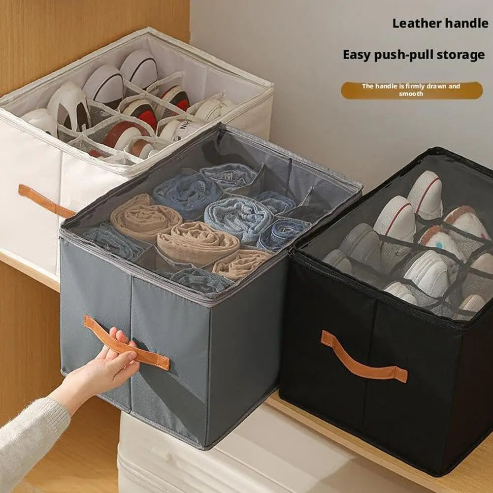 Shoe Organizer | Fabric Clear Window & Leather Handle Design