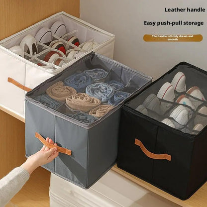 Shoe organizer with window and leather handles 0