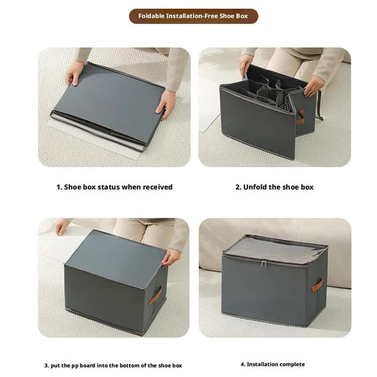 Shoe organizer with window and leather handles 3