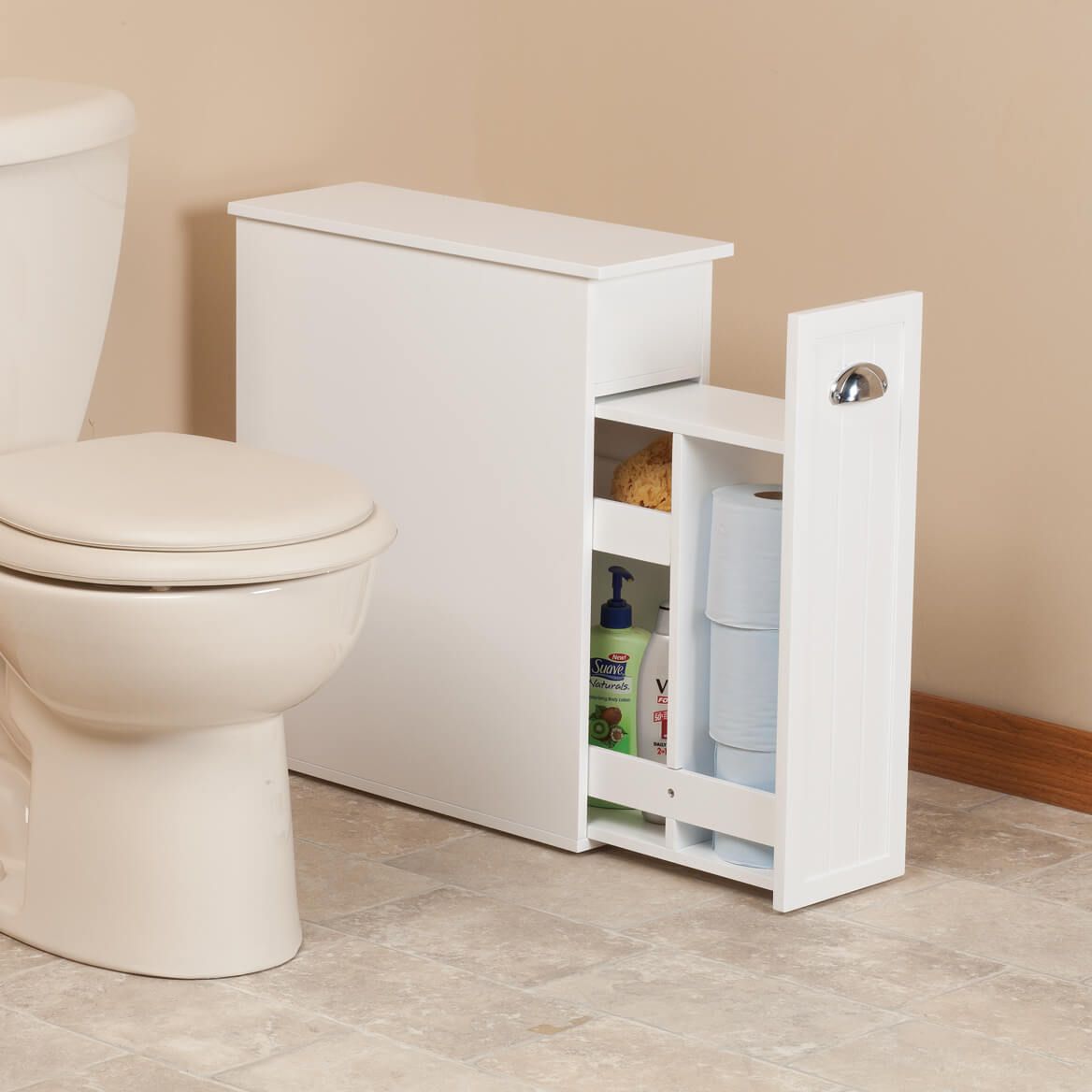 Slim Bathroom Storage Cabinet | White with Silver Handle | Pull-Out Drawer & Lift-Top Compartments