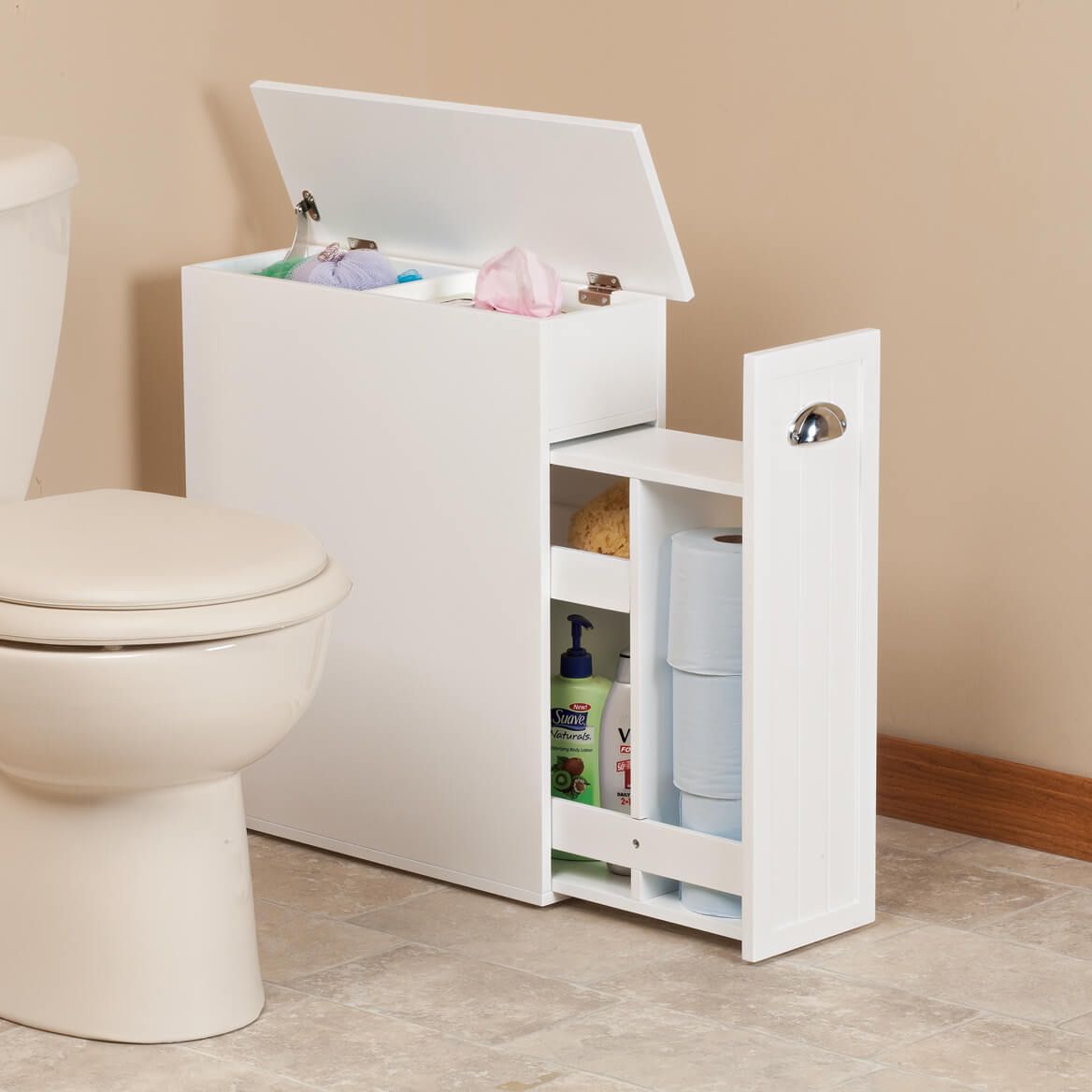 Slim Bathroom Storage Cabinet | White with Silver Handle | Pull-Out Drawer & Lift-Top Compartments