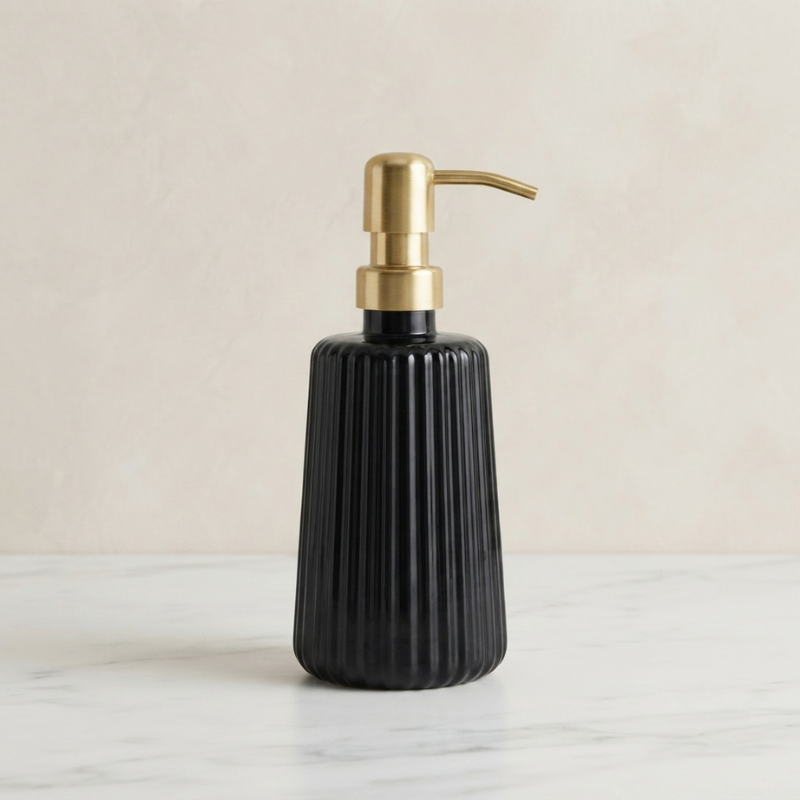 Soap Dispenser Ribbed Glass Iron Pump, Elegant Design 01