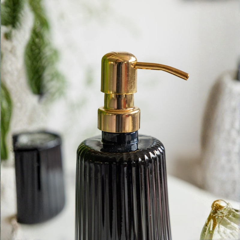 Soap Dispenser Ribbed Glass Iron Pump, Elegant Design 04