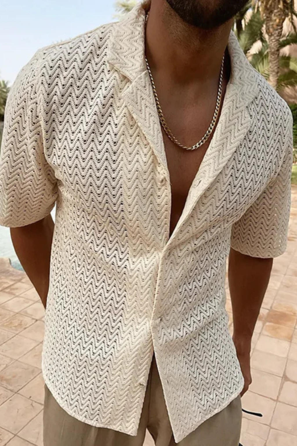 Solano | Men's Shirt – Lightweight Chevron Texture With Open Collar 1