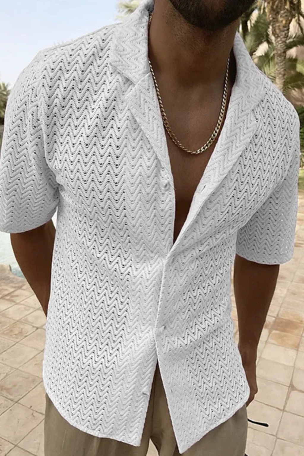 Solano | Men's Shirt – Lightweight Chevron Texture With Open Collar 3