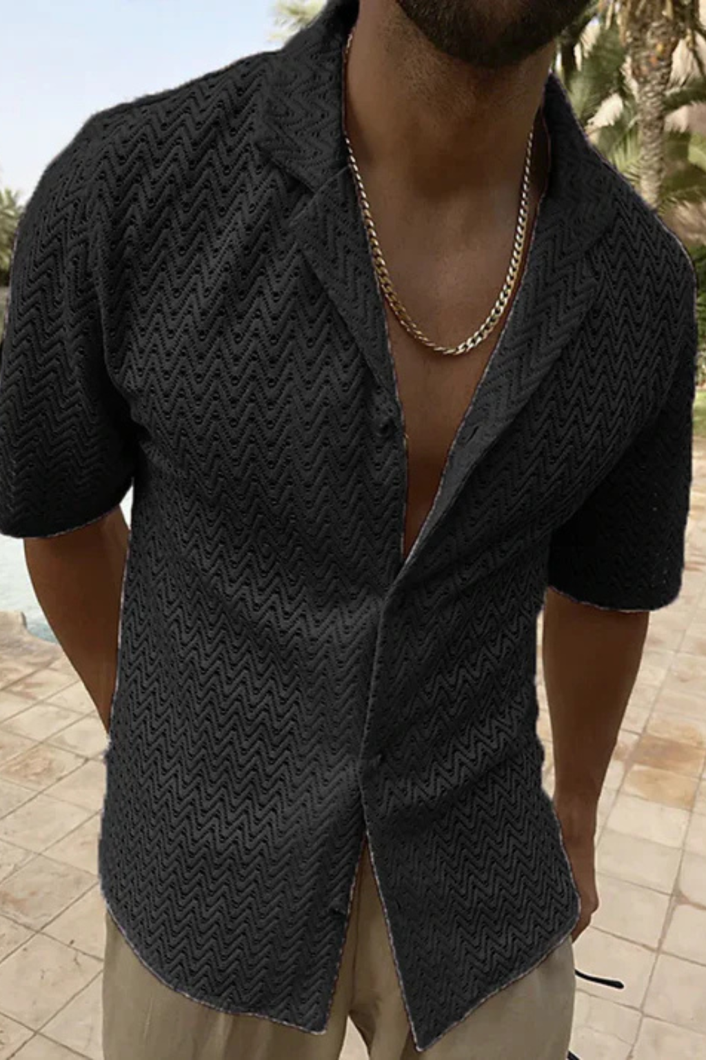 Solano | Men's Shirt – Lightweight Chevron Texture With Open Collar 5