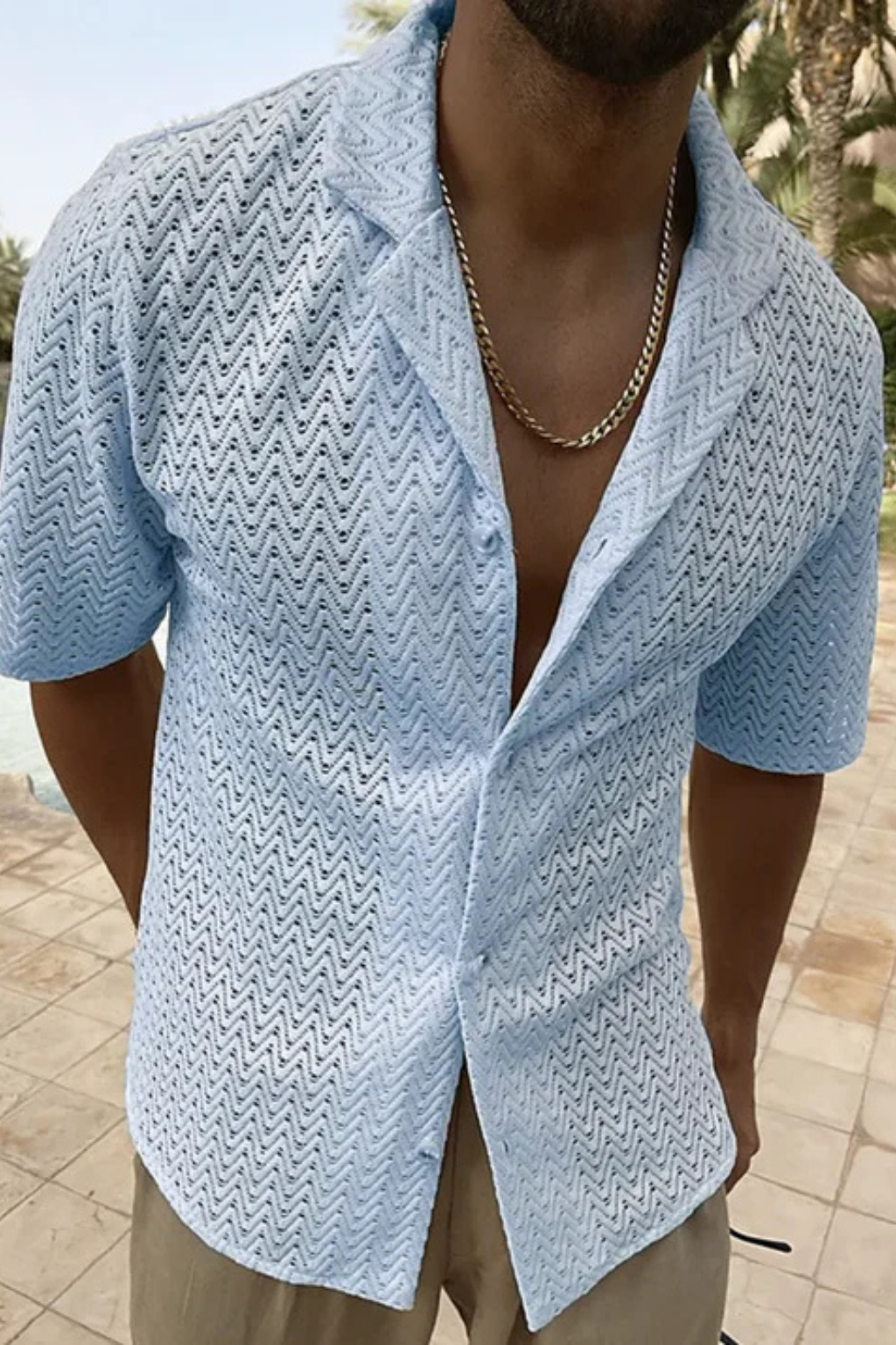 Solano | Men's Shirt – Lightweight Chevron Texture With Open Collar 7