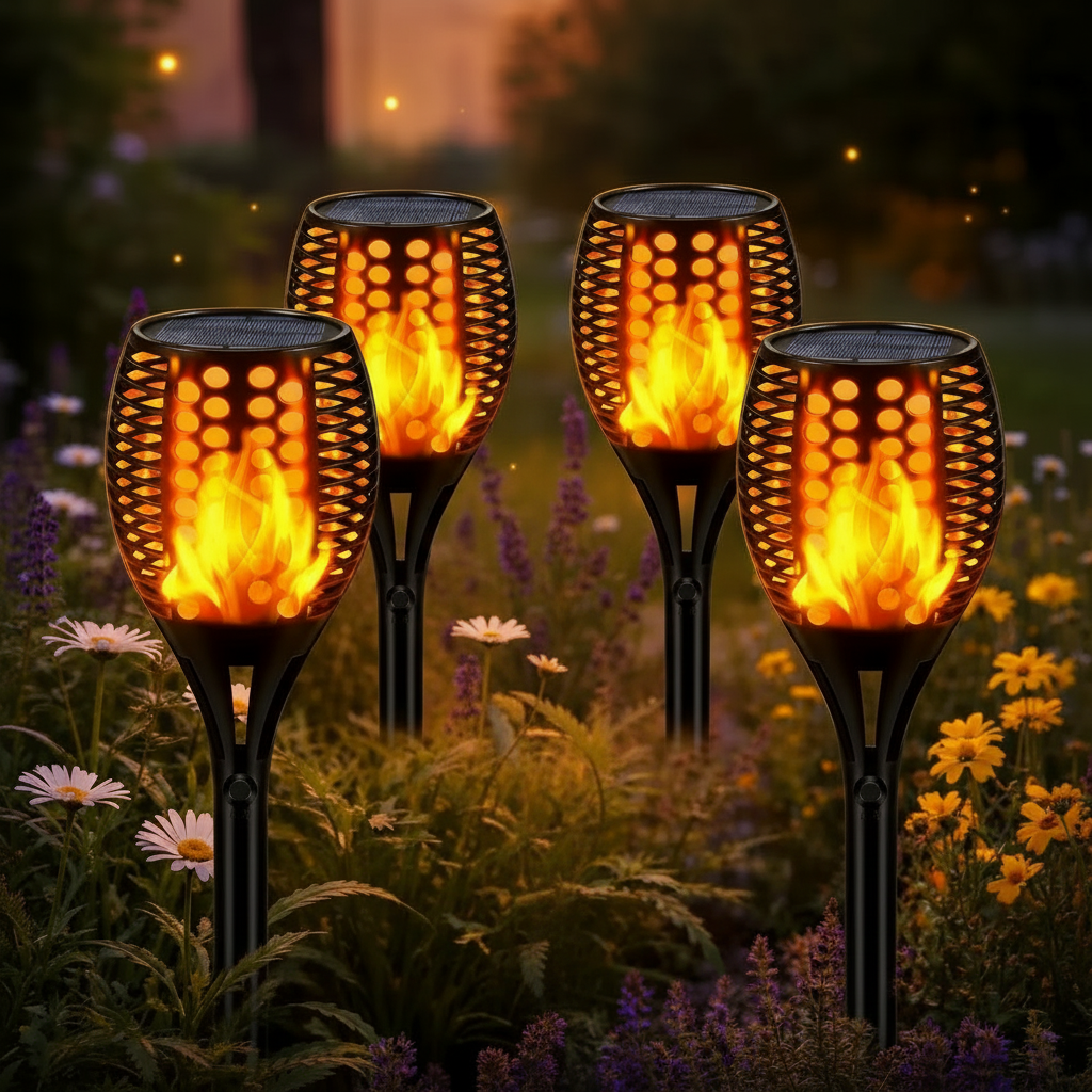 Solar Flame Torch Light Ground Stake | Flickering LED with Dusk-to-Dawn Sensor | IP67 Waterproof Garden Lighting