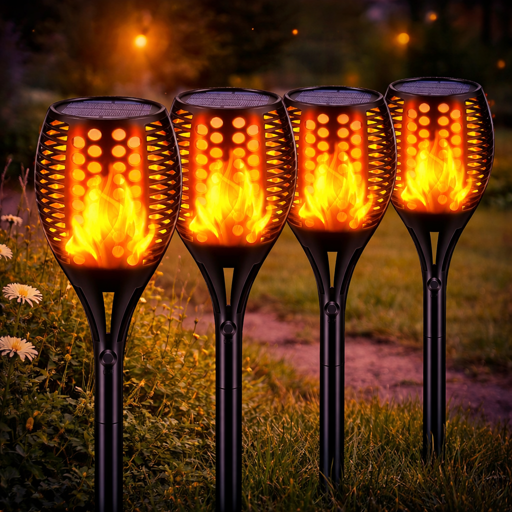Solar Flame Torch Light Ground Stake | Flickering LED with Dusk-to-Dawn Sensor | IP67 Waterproof Garden Lighting