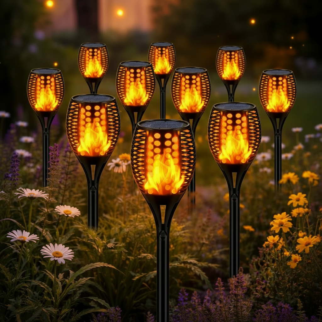 Solar Flame Torch Light Ground Stake | Flickering LED with Dusk-to-Dawn Sensor | IP67 Waterproof Garden Lighting