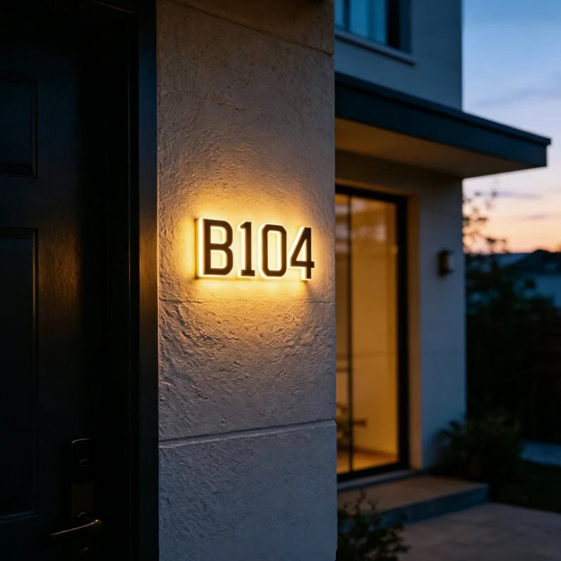 Solar House Number Sign, ABS Plate | IP44 Waterproof, 10-Hour Battery | Dusk Sensor, Warm White LED, Adhesive or Screw Fixing
