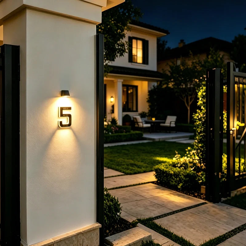 Solar House Number Sign, ABS Plate | IP44 Waterproof, 10-Hour Battery | Dusk Sensor, Warm White LED, Adhesive or Screw Fixing