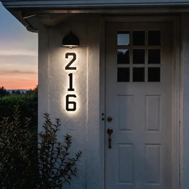 Solar House Number Sign, ABS Plate | IP44 Waterproof, 10-Hour Battery | Dusk Sensor, Warm White LED, Adhesive or Screw Fixing