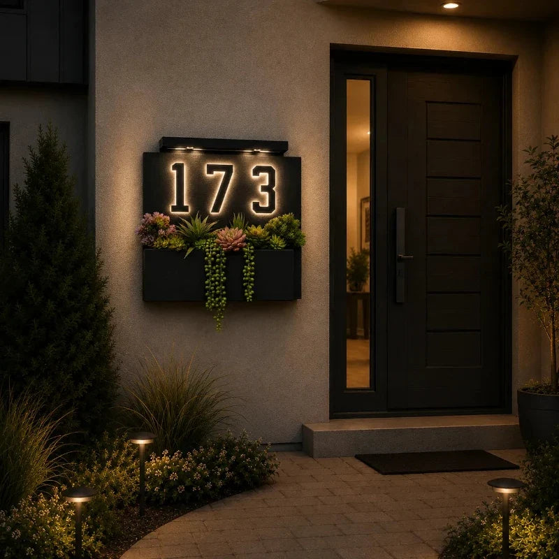 Solar House Number Sign, ABS Plate | IP44 Waterproof, 10-Hour Battery | Dusk Sensor, Warm White LED, Adhesive or Screw Fixing