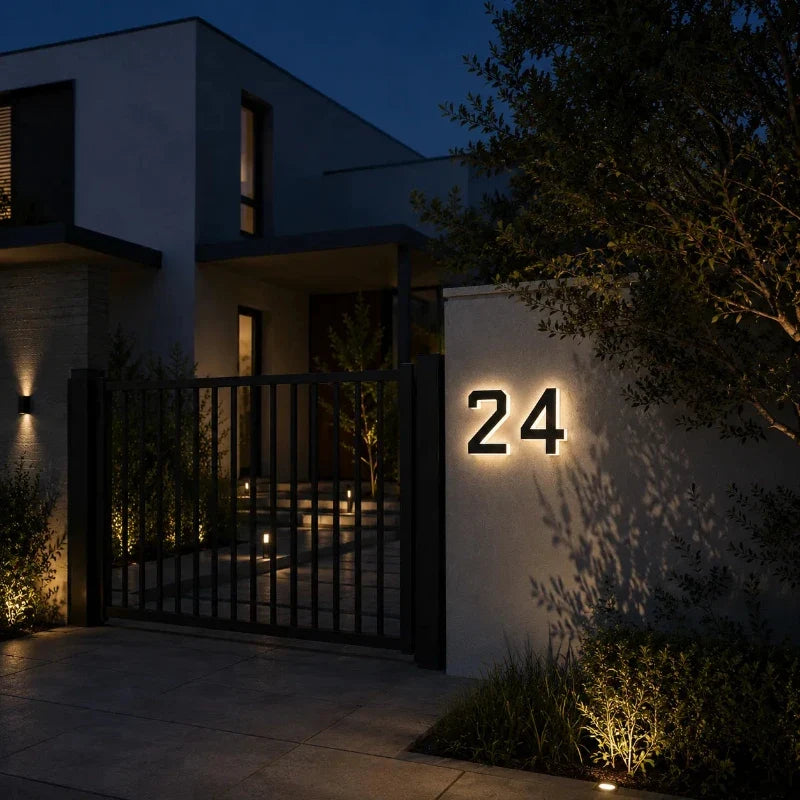 Solar House Number Sign, ABS Plate | IP44 Waterproof, 10-Hour Battery | Dusk Sensor, Warm White LED, Adhesive or Screw Fixing