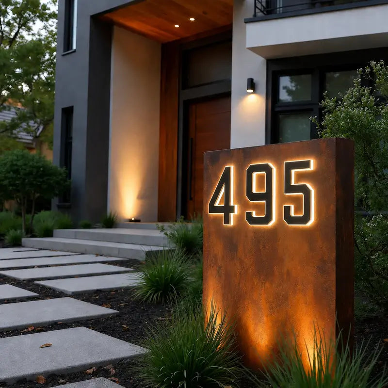 Solar House Number Sign, ABS Plate | IP44 Waterproof, 10-Hour Battery | Dusk Sensor, Warm White LED, Adhesive or Screw Fixing