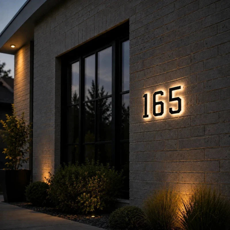 Solar House Number Sign, ABS Plate | IP44 Waterproof, 10-Hour Battery | Dusk Sensor, Warm White LED, Adhesive or Screw Fixing