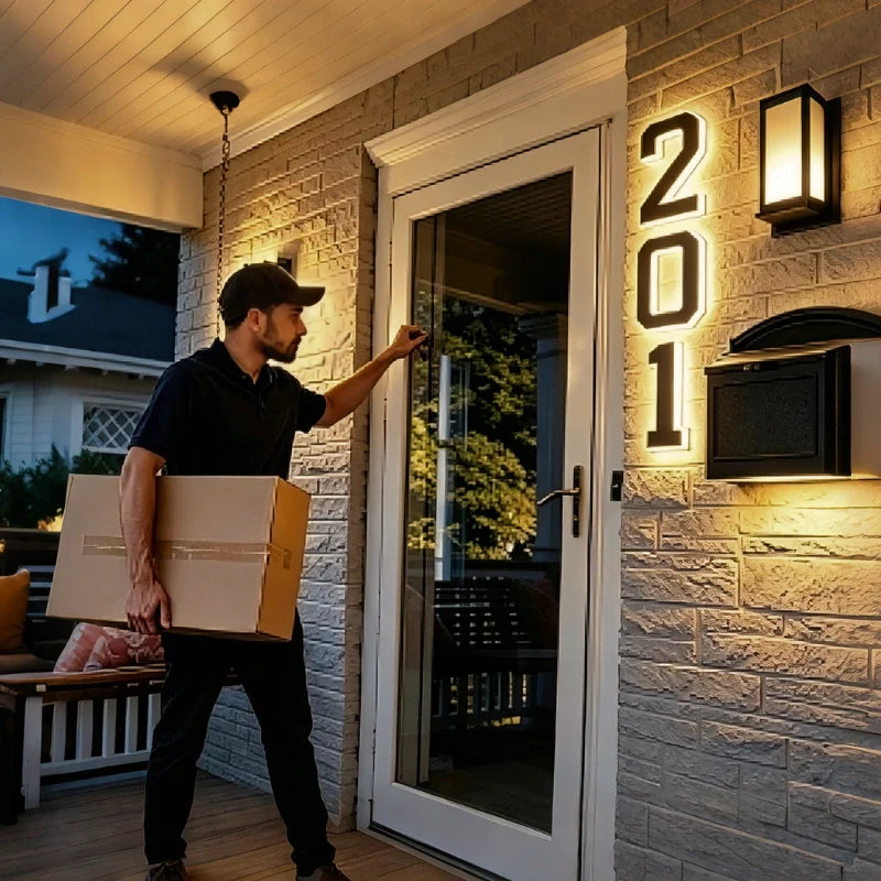 Solar House Number Sign, ABS Plate | IP44 Waterproof, 10-Hour Battery | Dusk Sensor, Warm White LED, Adhesive or Screw Fixing