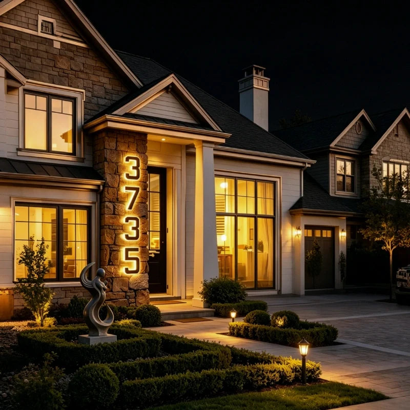 Solar House Number Sign, ABS Plate | IP44 Waterproof, 10-Hour Battery | Dusk Sensor, Warm White LED, Adhesive or Screw Fixing