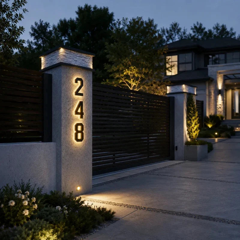 Solar House Number Sign, ABS Plate | IP44 Waterproof, 10-Hour Battery | Dusk Sensor, Warm White LED, Adhesive or Screw Fixing
