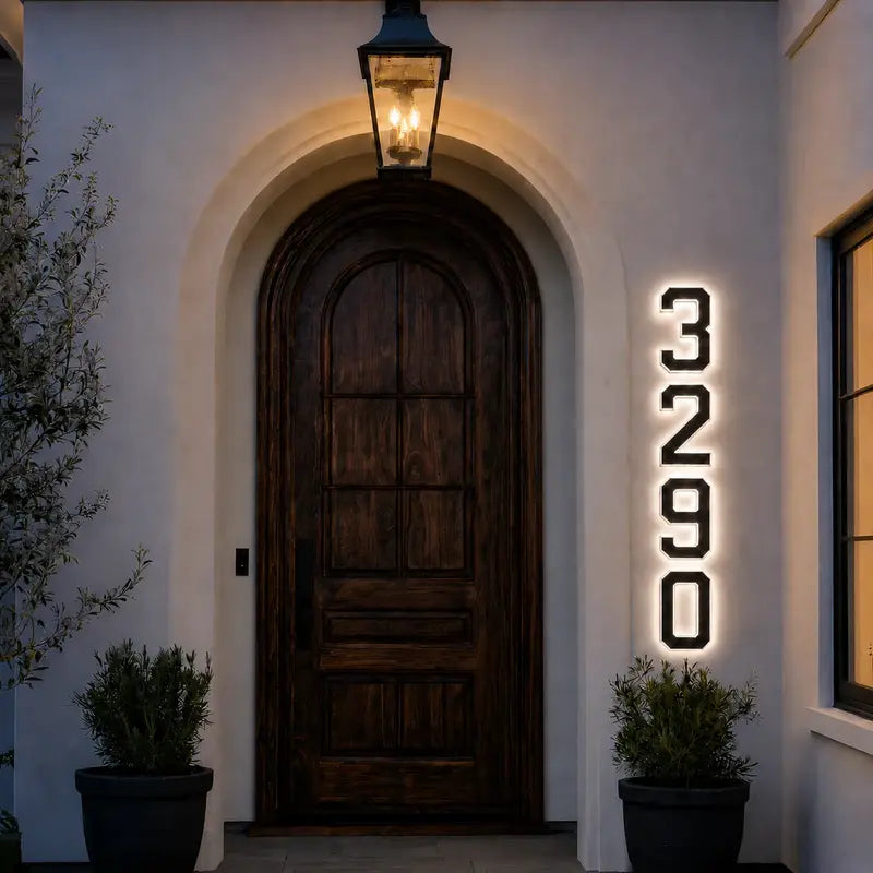 Solar House Number Sign, ABS Plate | IP44 Waterproof, 10-Hour Battery | Dusk Sensor, Warm White LED, Adhesive or Screw Fixing