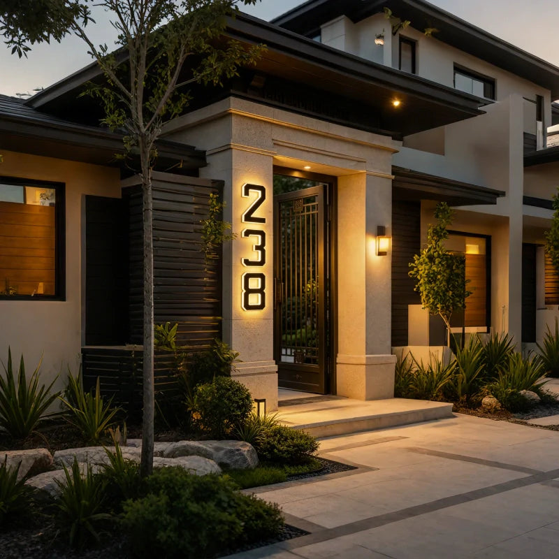 Solar House Number Sign, ABS Plate | IP44 Waterproof, 10-Hour Battery | Dusk Sensor, Warm White LED, Adhesive or Screw Fixing