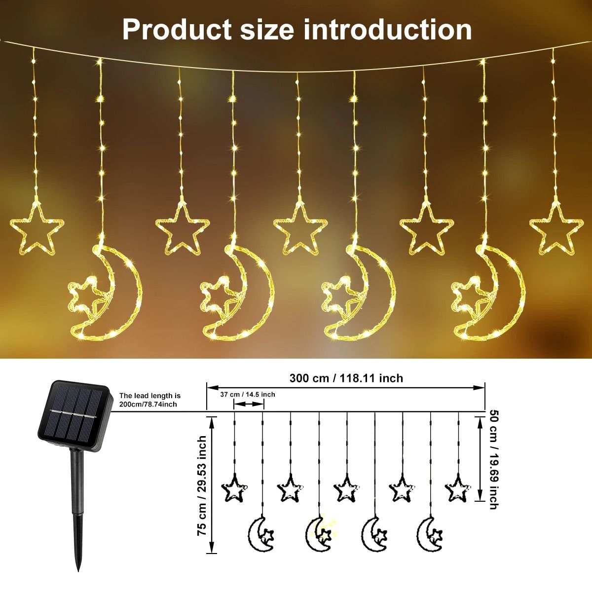 Solar LED Moon Star Curtain Lights | 8 Lighting Modes, 300 cm Waterproof String Curtain | Weatherproof Outdoor Decor