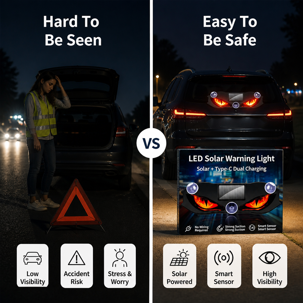 Solar Warning Light | Vibration Sensor Activation, No-Wiring Suction Mount | Dual Solar & USB Charging, 72-Hour Battery